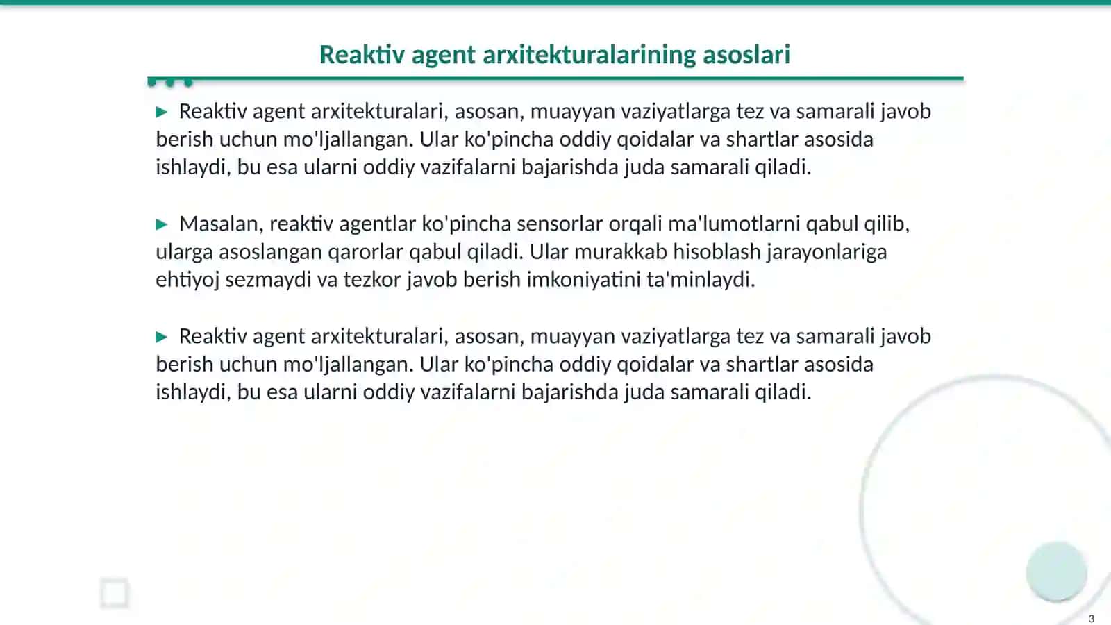 Reaktiv va deliberativ agent arxitekturalari: qiyosiy tahlil 3