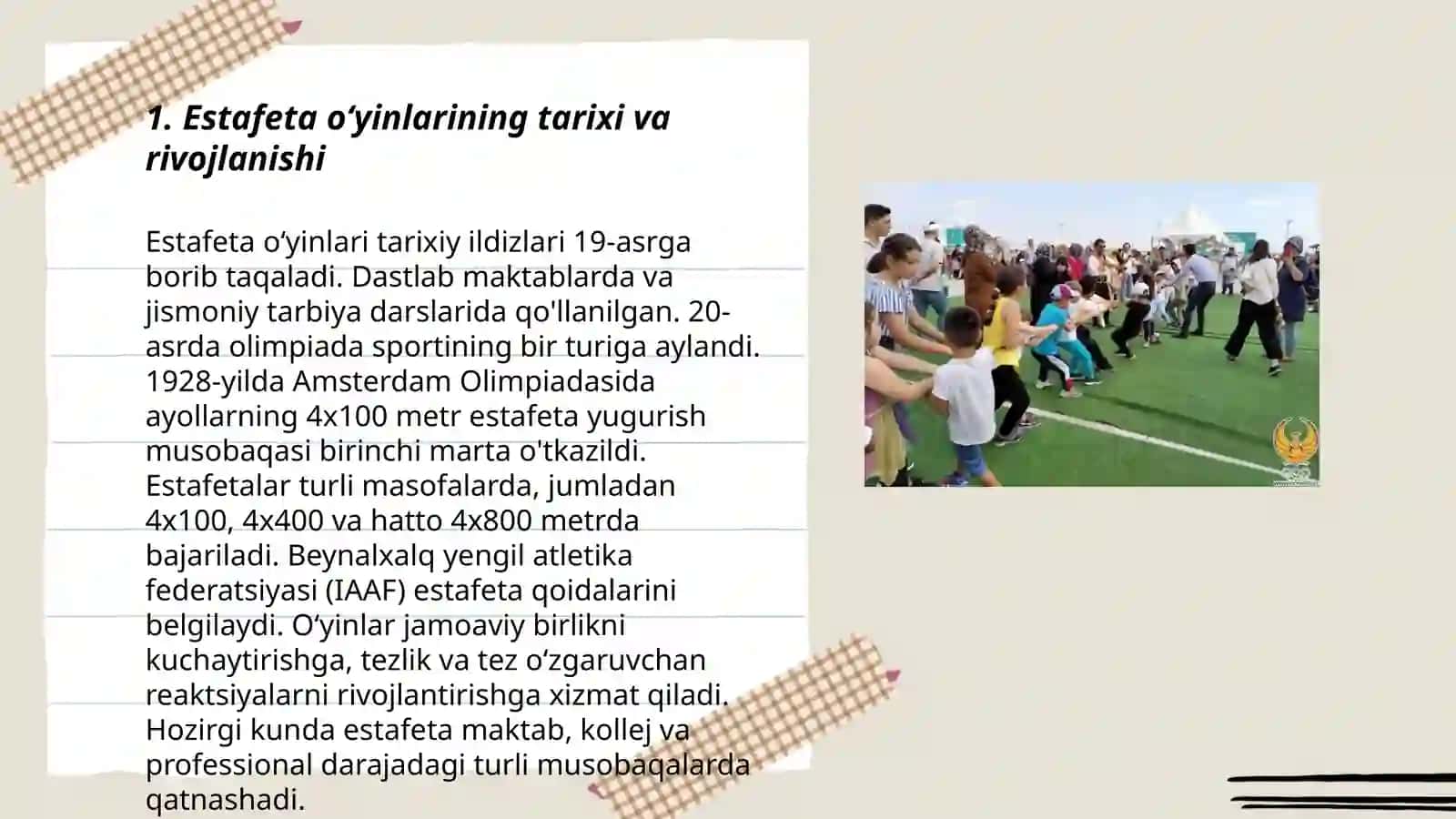 Estafetali harakatli oʻyinlarini oʻtkazish 3