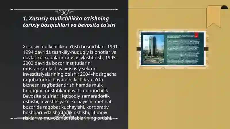 Iqtisodiy islohotlar xususiy mulkchilikning shakllanishi va o’zbekistonda bozor munosabatlarini rivojlanishi 3