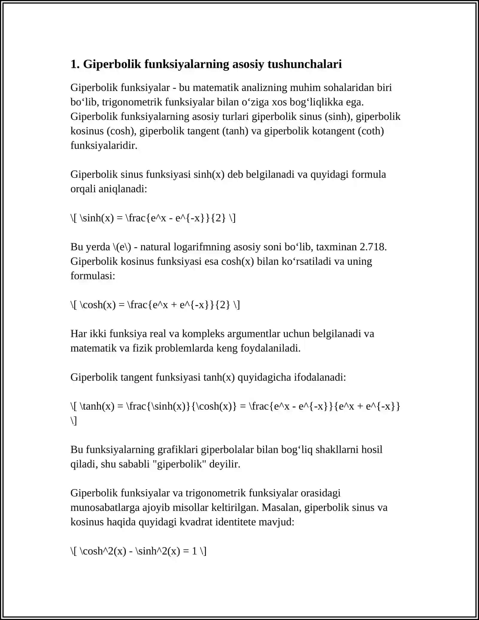 GIPERBOLIK VA TESKARI GIPERBOLIK FUNKSIYALAR. YOPIQ EGRI CHIZIQ BO‘YICHA OLINGAN INTEGRAL 3