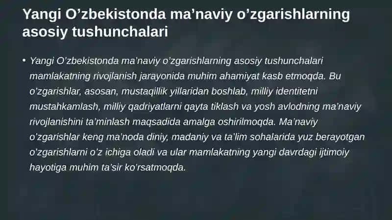 YANGI O’ZBEKISTONDA AMALGA OSHIRILAYOTGAN MA’NAVIY O’ZGARISHLAR 3