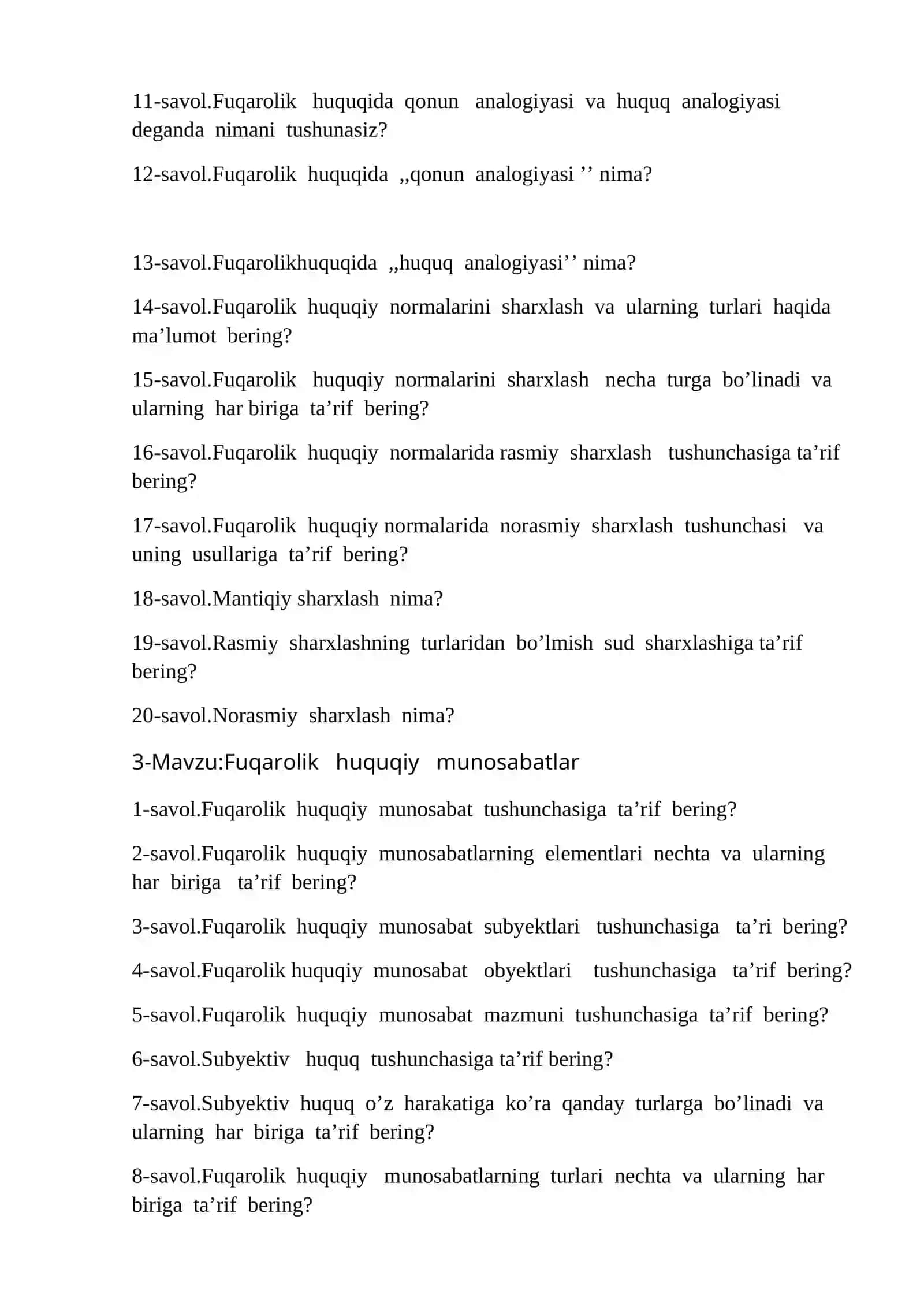 Fuqarolik huquqiga kirish fanidan yakuniy nazorat savollari 3