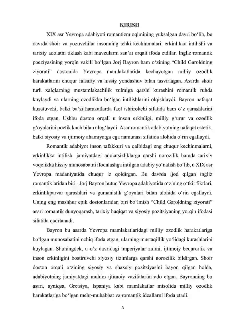 JORJ BAYRONNING “CHILD GAROLDNING ZIYORATI” DOSTONIDA YEVROPA MAMLAKATLARI MILLIY OZODLIK HARAKATI HAQIDAGI ROMANTIK QARASHLARI 3
