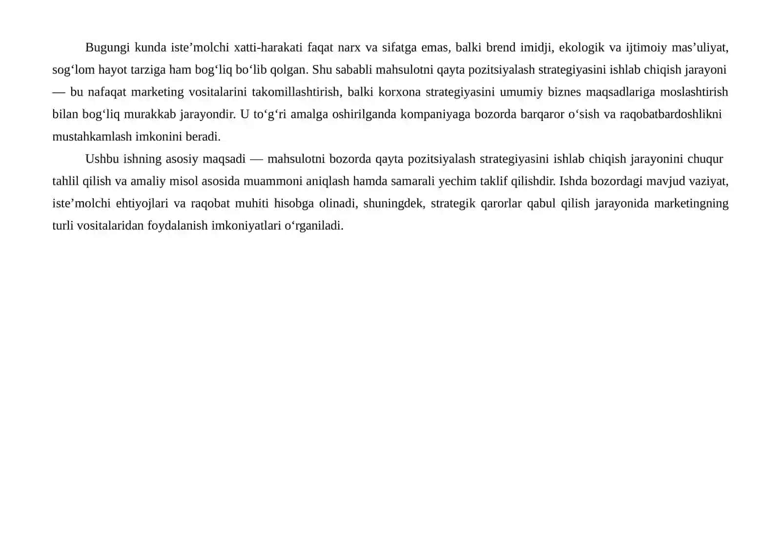 MAHSULOTNIBOZORDAQAYTAPOZITSIYALASHSTRATEGIYASINI ISHLABCHIQISH 3