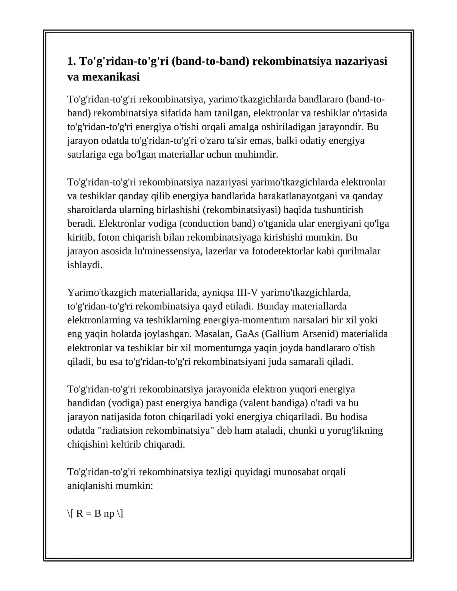 YARIMO'TKAZGICHLARDA REKOMBINATSIYA JARAYONLARI, TO'G'RIDAN-TO'G'RI VA SHOKLI-RID-XOLL MEXANIZMLARI 3