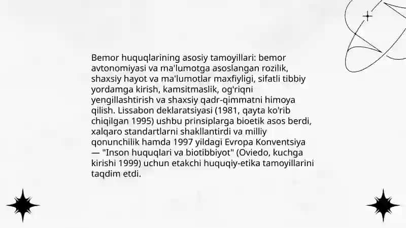Bemor huquqlari va bu borada etik va huquqiy jihatlarning o'zaro bog'liqligi. 3