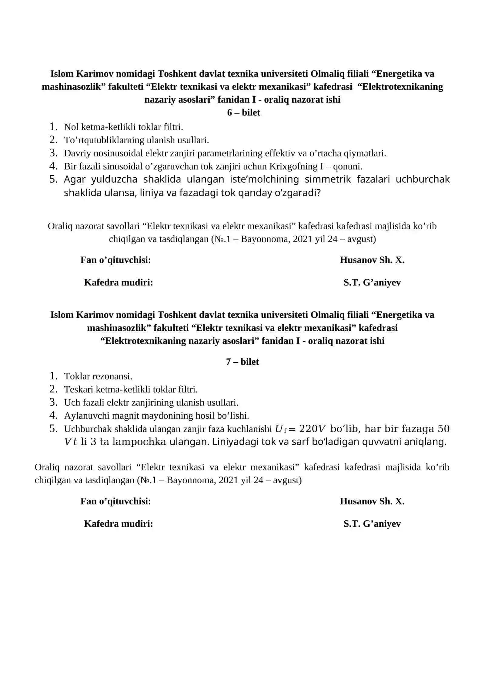 Elektrotexnikaning nazariy asoslari fanidan I – oraliq nazorat ishi 3