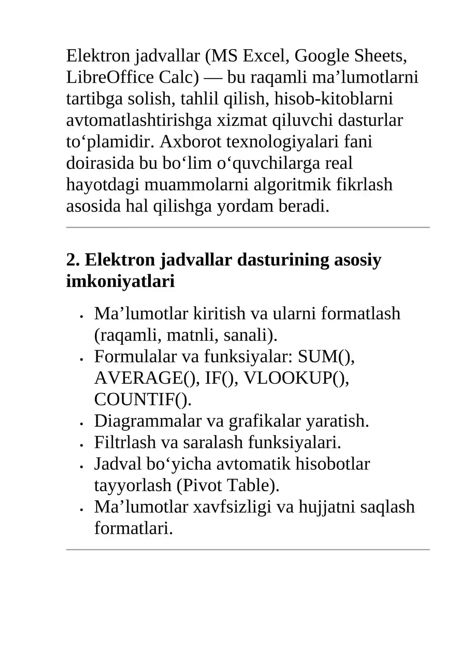 Elektron jadvallar bo‘limini o‘qitish metodikasi 3