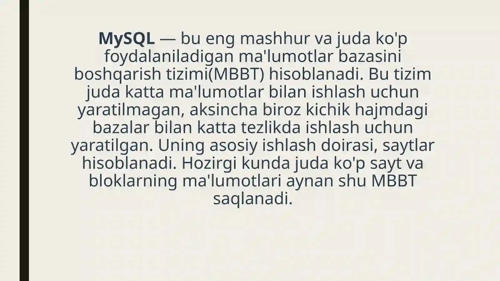 MySQLdan foydalanish. MySQL – so‘rovlar yaratish, MySQL server va undan foydalanish 3