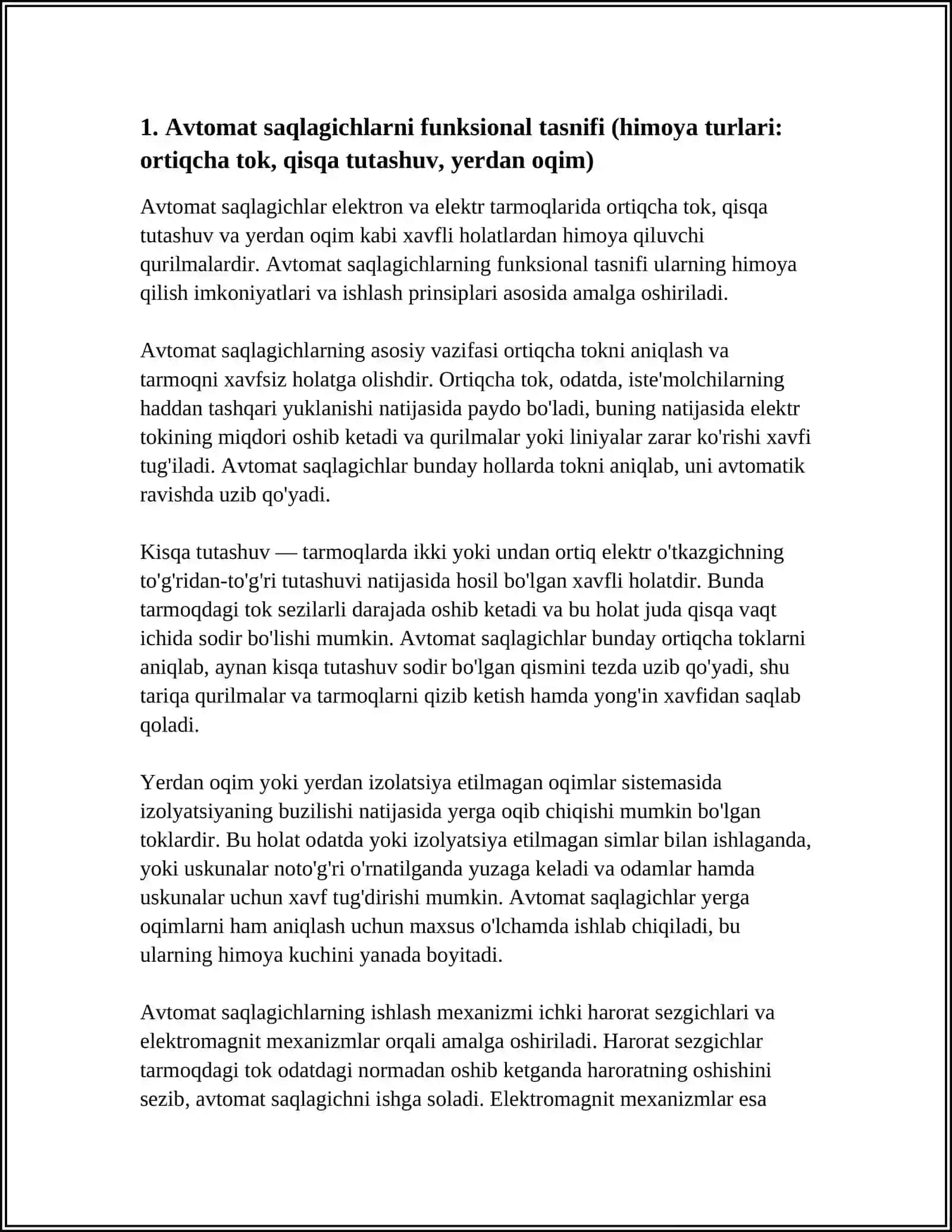 ELEKTOR APARATLARI VA AFTOMATLASHTRISH VOSITALARI FANIDAN: AVTOMAT SAQLAGICHLAR TASNIFI 3