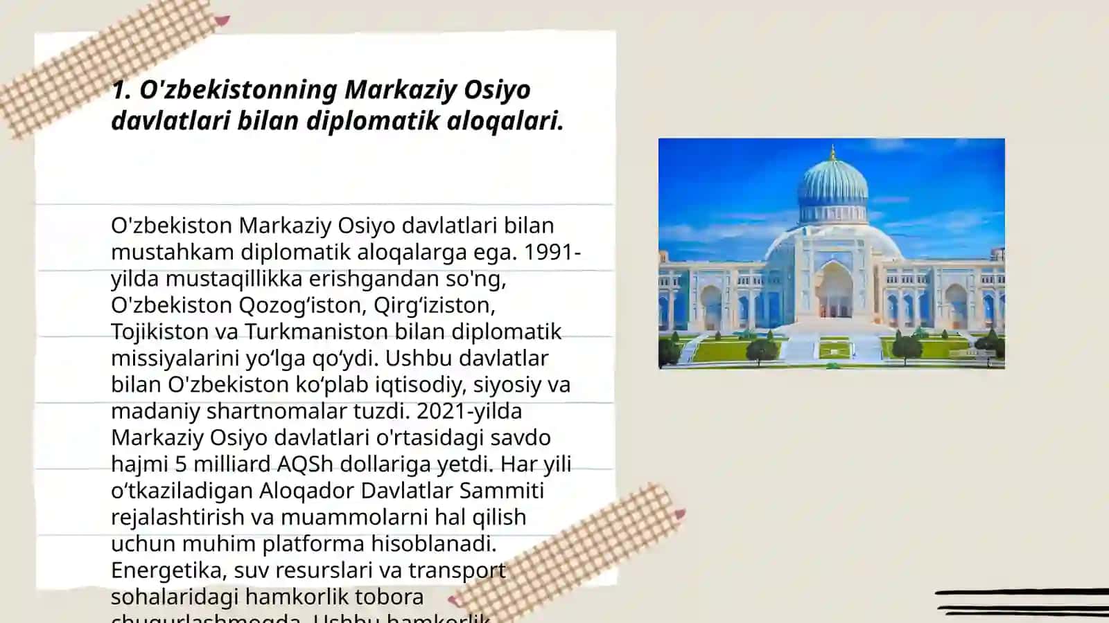 O'zbekistonning Markaziy Osiyoda tinchlik va barqarorlikni ta'minlashdagi o'rni 3