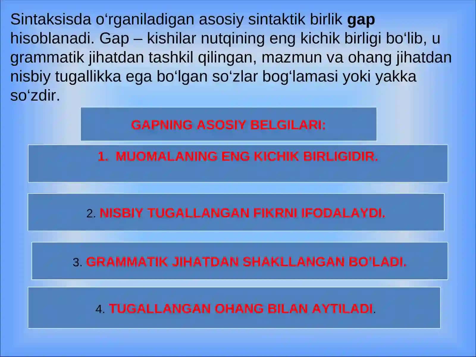 Gap bo‘laklari. Bosh bo‘laklar. Ega, uning ifodalanishi. Kеsim, uning ifodalanishi, turlari. Kеsimning ega bilan shaxs va sonda mosligi.Ega bilan kеsim orasida tirе(-)ning ishlatilishi 3