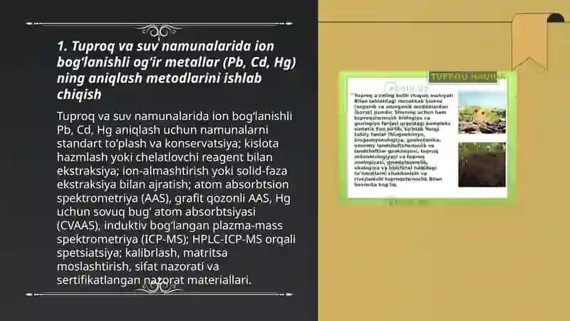 Tuproq va suvning ifloslanishida ion bogʻlanishli birikmalarni aniqlab ulardan tozalash usulini ishlab chiqish 3