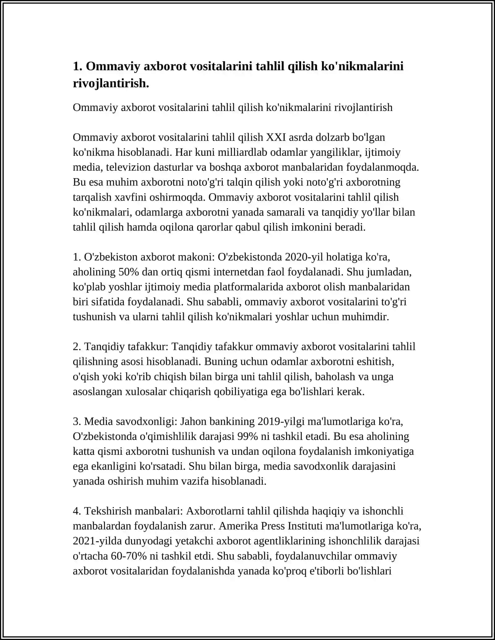 MUSTAQIL ISH Mavzu: MEDIA SAVODXONLIKNI RIVOJLANTIRISH YÖLLARI 3
