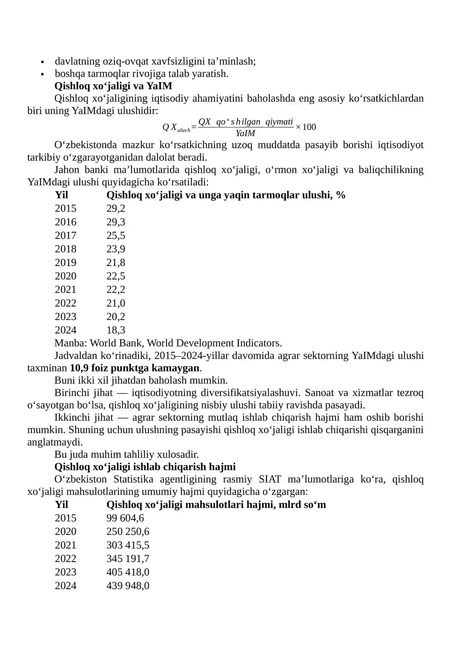QISHLOQ XO‘JALIGINING IQTISODIY RIVOJLANISHDAGI AHAMIYATINI STATISTIK MA’LUMOTLAR ASOSIDA BAHOLASH 3