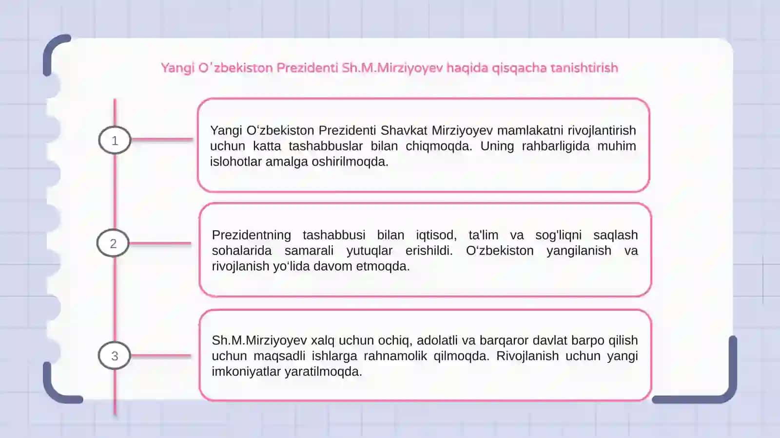 Yangi Oʻzbekiston Prezidenti Sh.M.Mirziyoyev rahbarligi va islohotlari 3