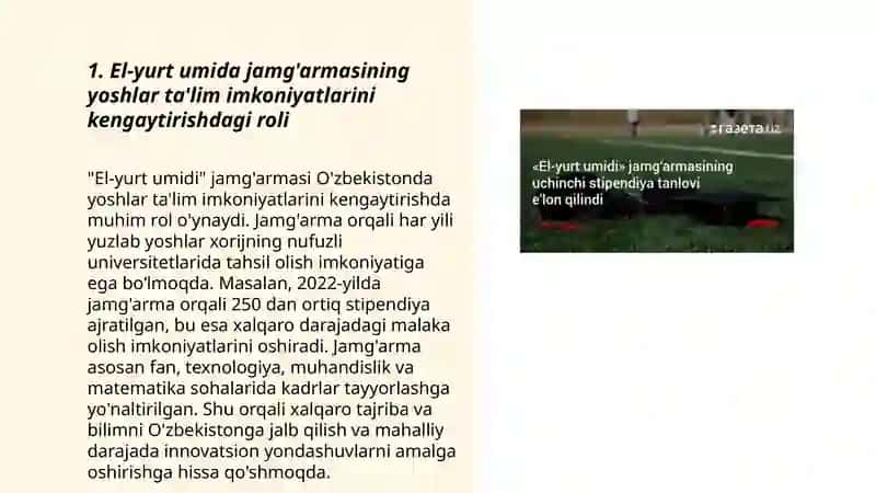 El-yurt umida jamg`armasining O`zbekiston yoshlarining hayotida tutgan o`rni 3
