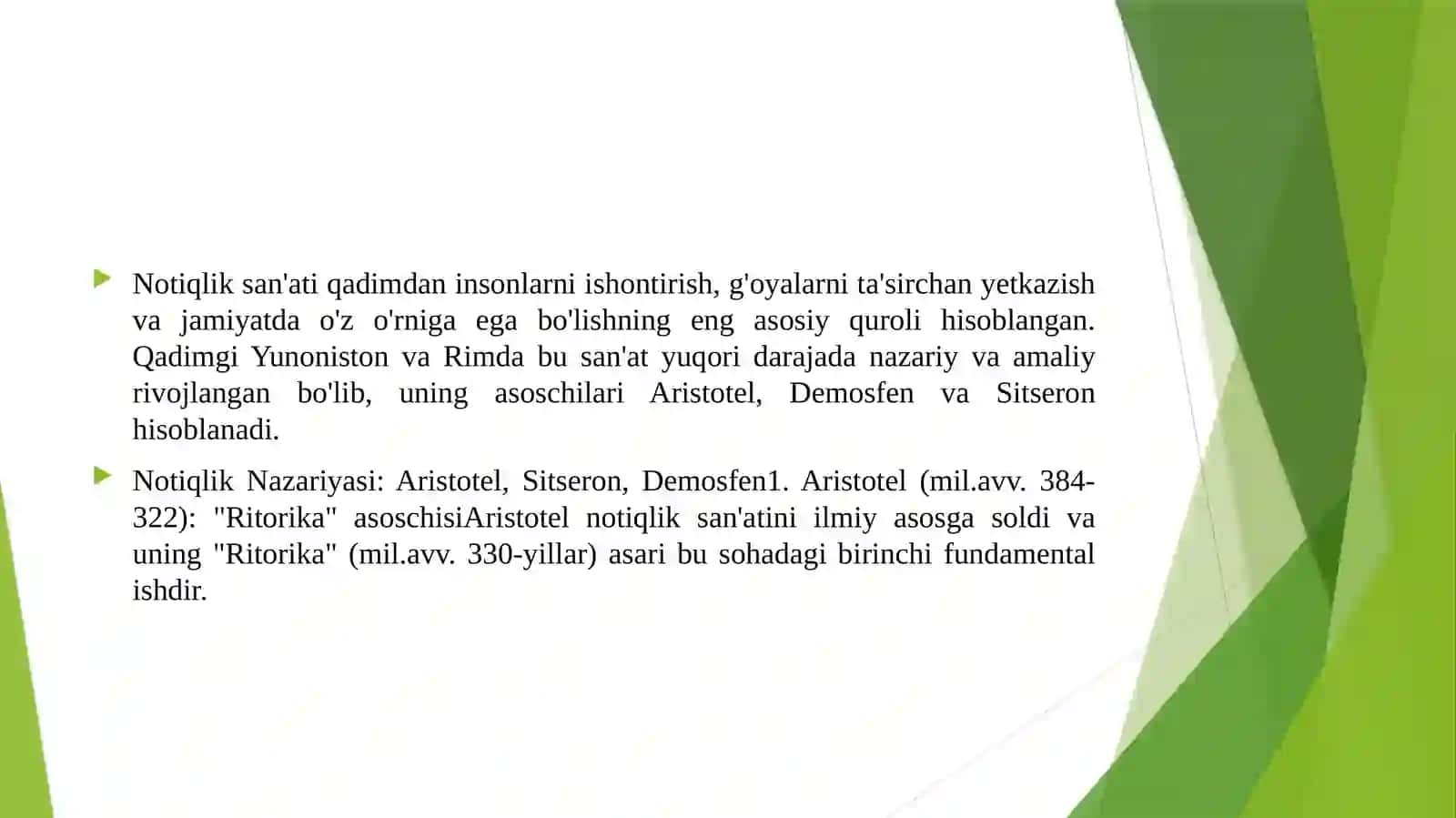 ARISTOTEL,SITSERON,DEMOSFENLARNING NOTIQLIK NAZARIYASI .MUQADDAS KITOBLARDA SOZ ,NUTQ ODOBI HAQIDAGI FIKRLAR) 3