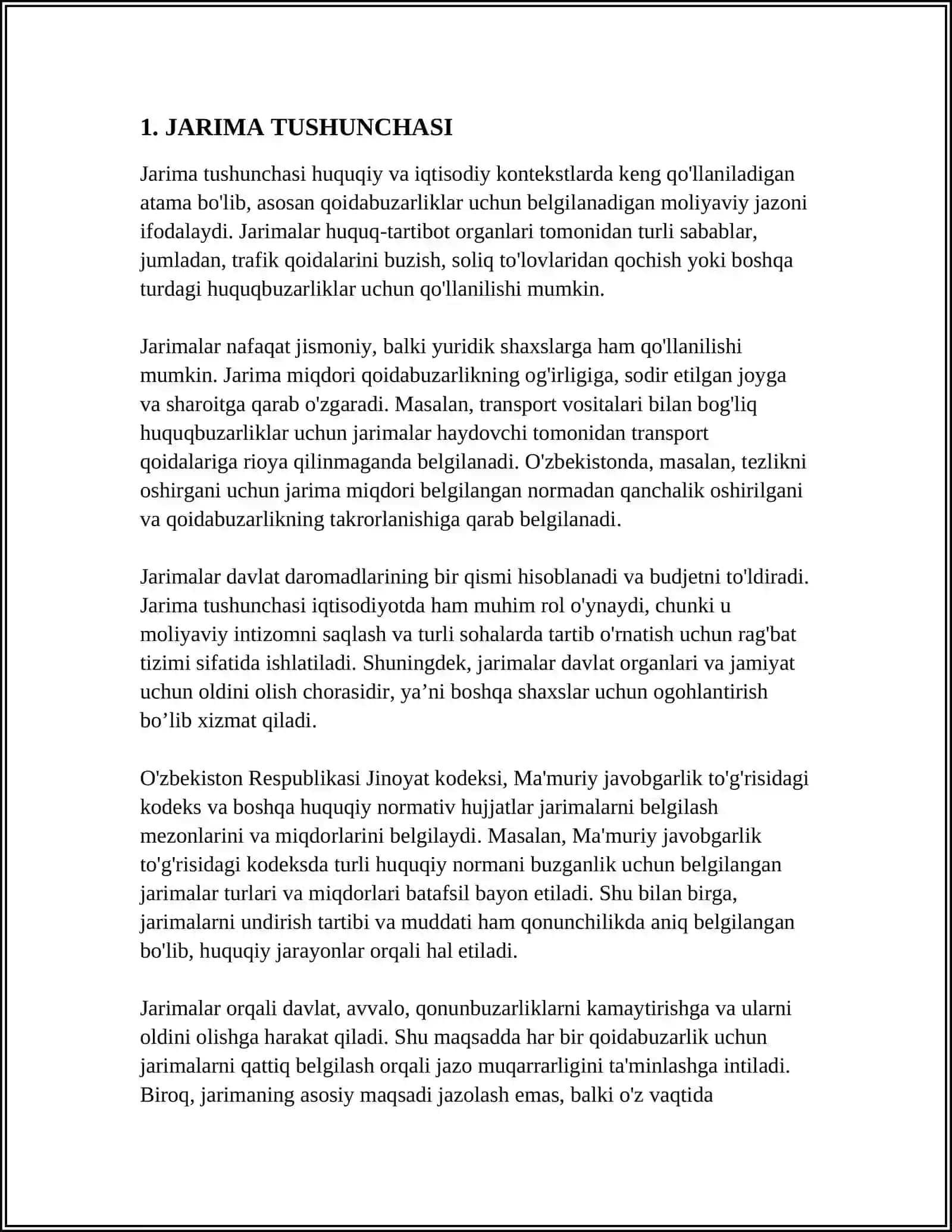 MUSTAQIL ISH: JARIMA, MUAYYAN HUQUQDAN MAXRUM QILISH, AXLOQ TUZATISH ISHLARI JAZOLARNI IJRO ETISH 3