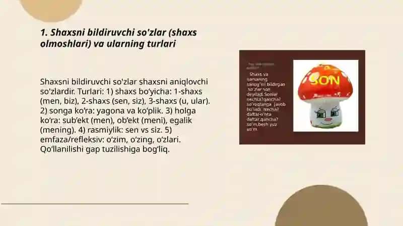 Shaxs va narsa harakati, belgisi hamda sanoq va tartibni bildirgan so'zlar 3