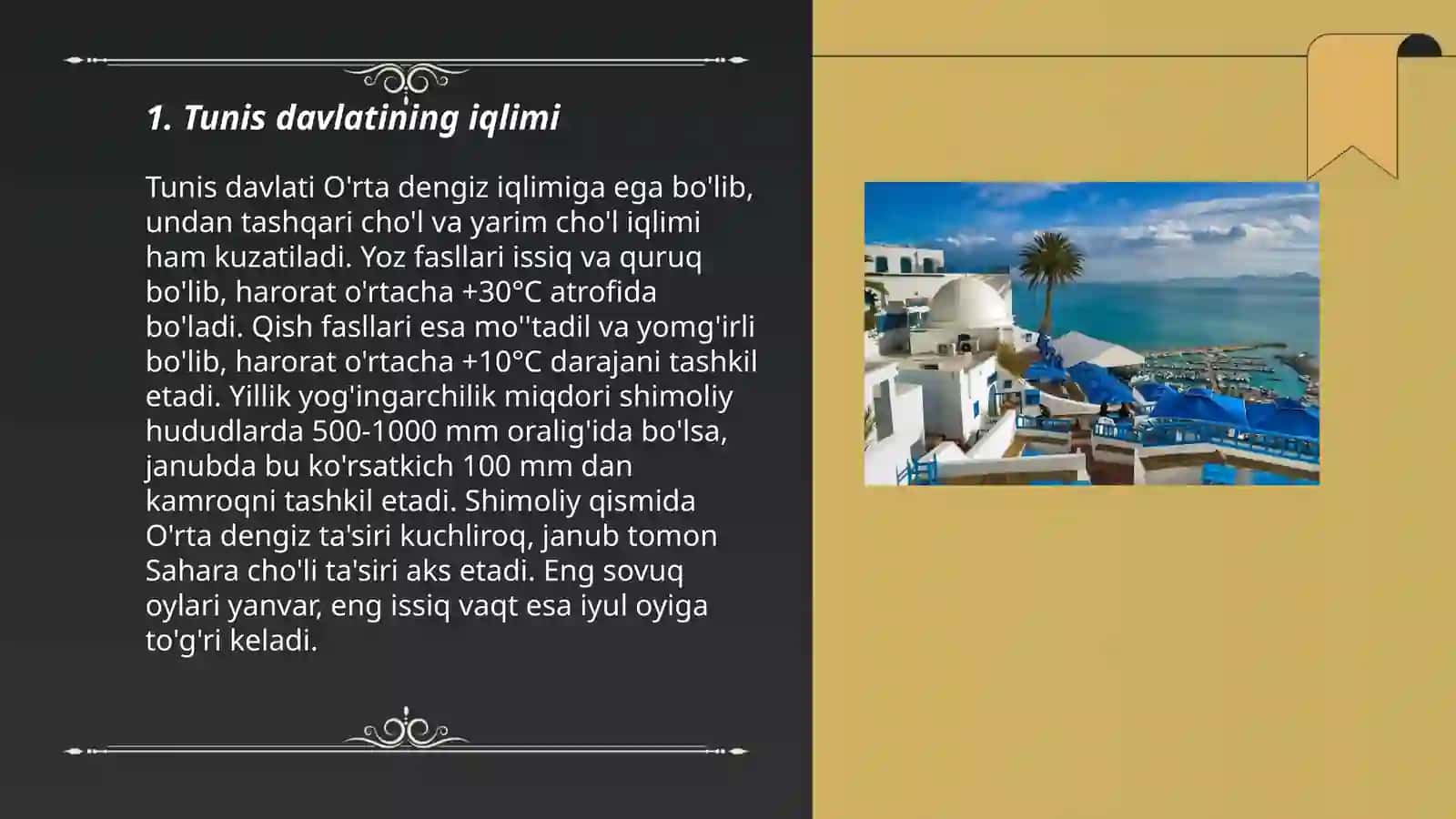 Tunis davlati iqlimi va tabiiy sharoiti, xo’jaligi resurslari va relyefi aholisi va tashqi iqtisodiy aloqalari 3