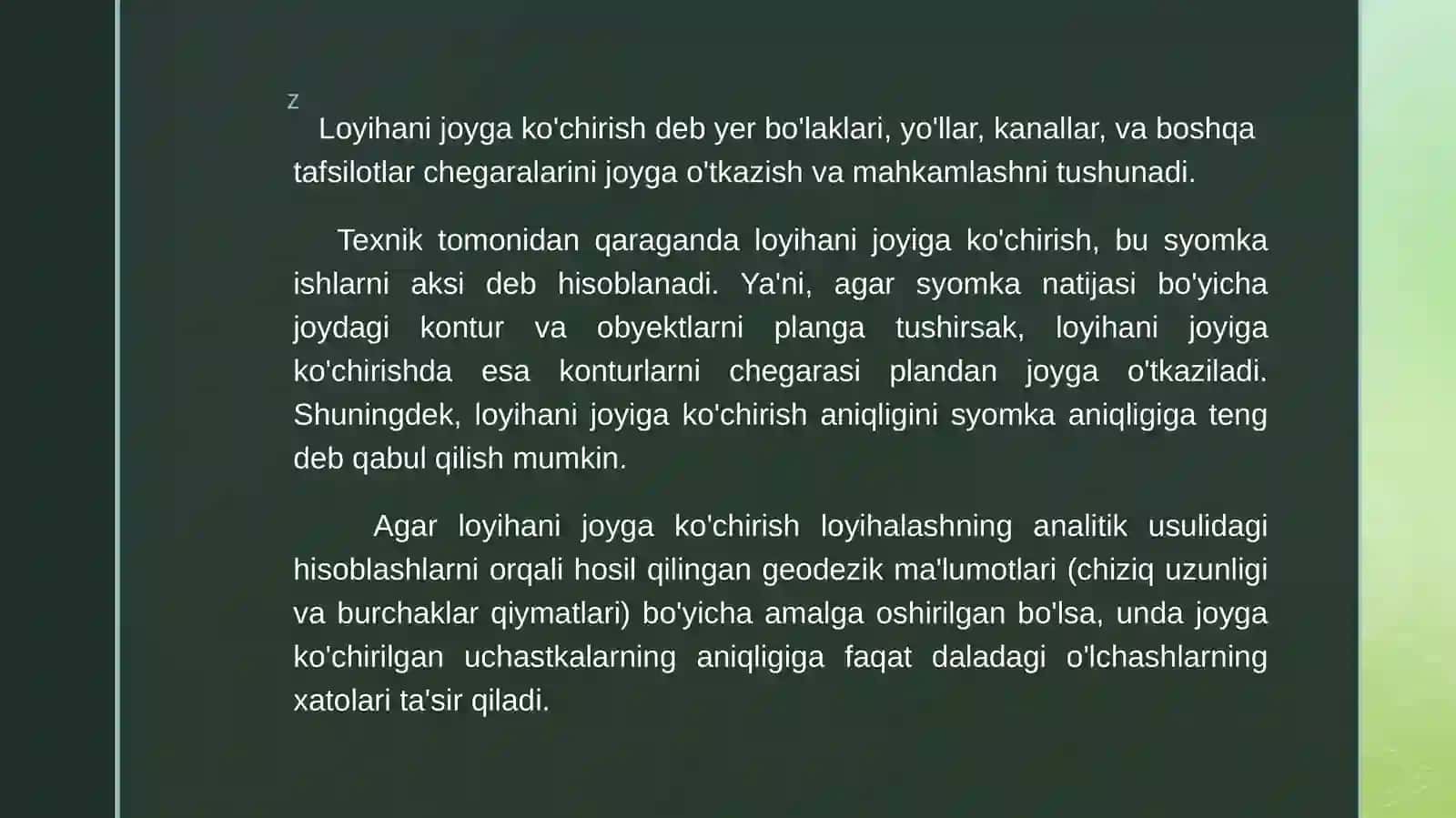 Chiziq oʻlchash usulida loyihani joyga koʻchirish geodezikishi 3