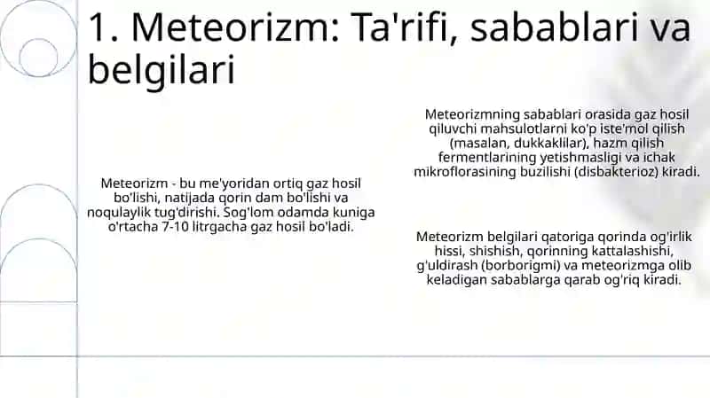 Meteorizm, qabziyat turlari va davolash usullari (disbakterioz) simptomatik davolash tamoyillari 3