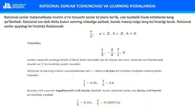 Ratsional sonlar. Ratsional sonlar ustida arifmetik amallar. Ratsional sonlar to‘plamining xossalari. O‘nli kasrlar va ular ustida arifmetik amallar 3