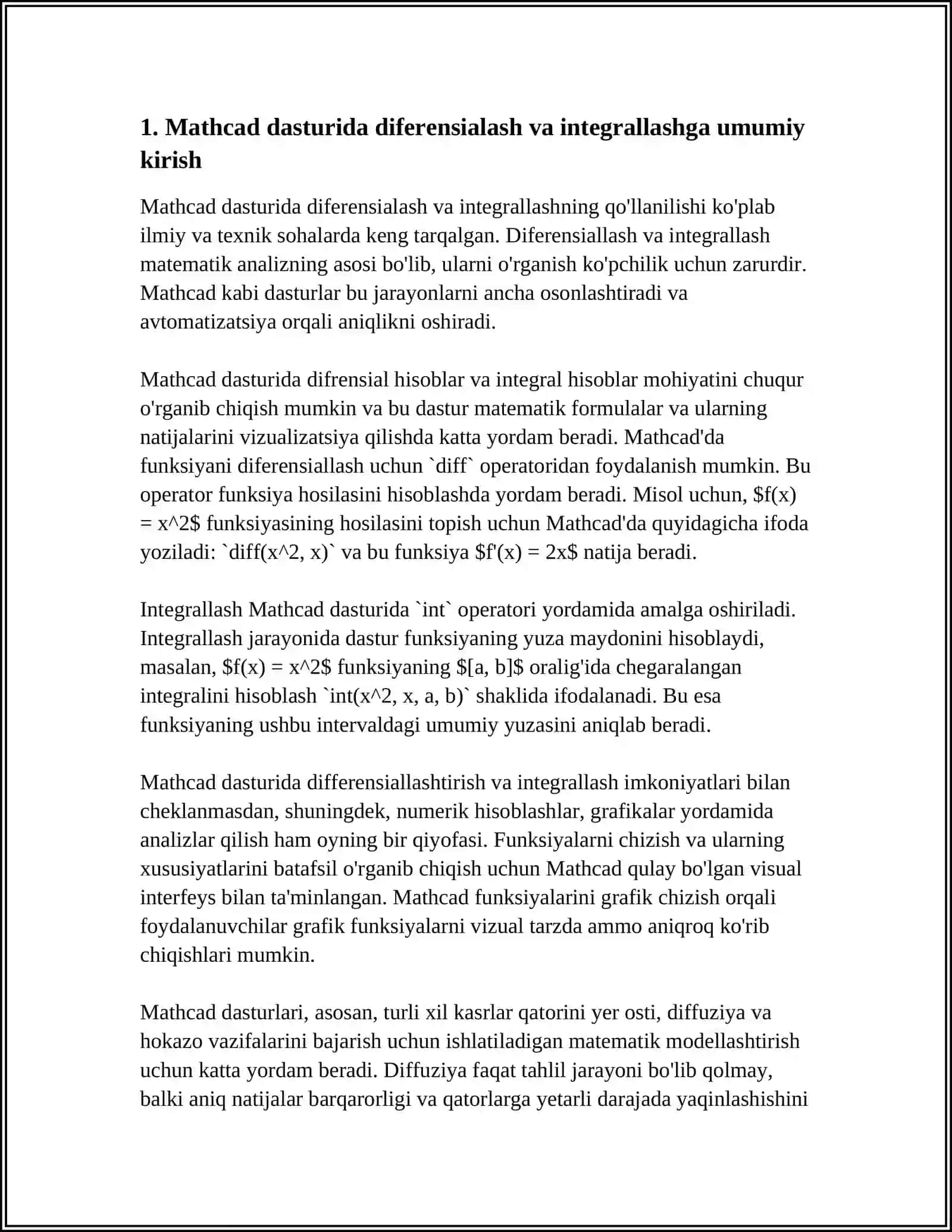 DIFERINSIYALASH INTEGRALLASH QATORLARI (MATHCAD DASTURIDA) 3
