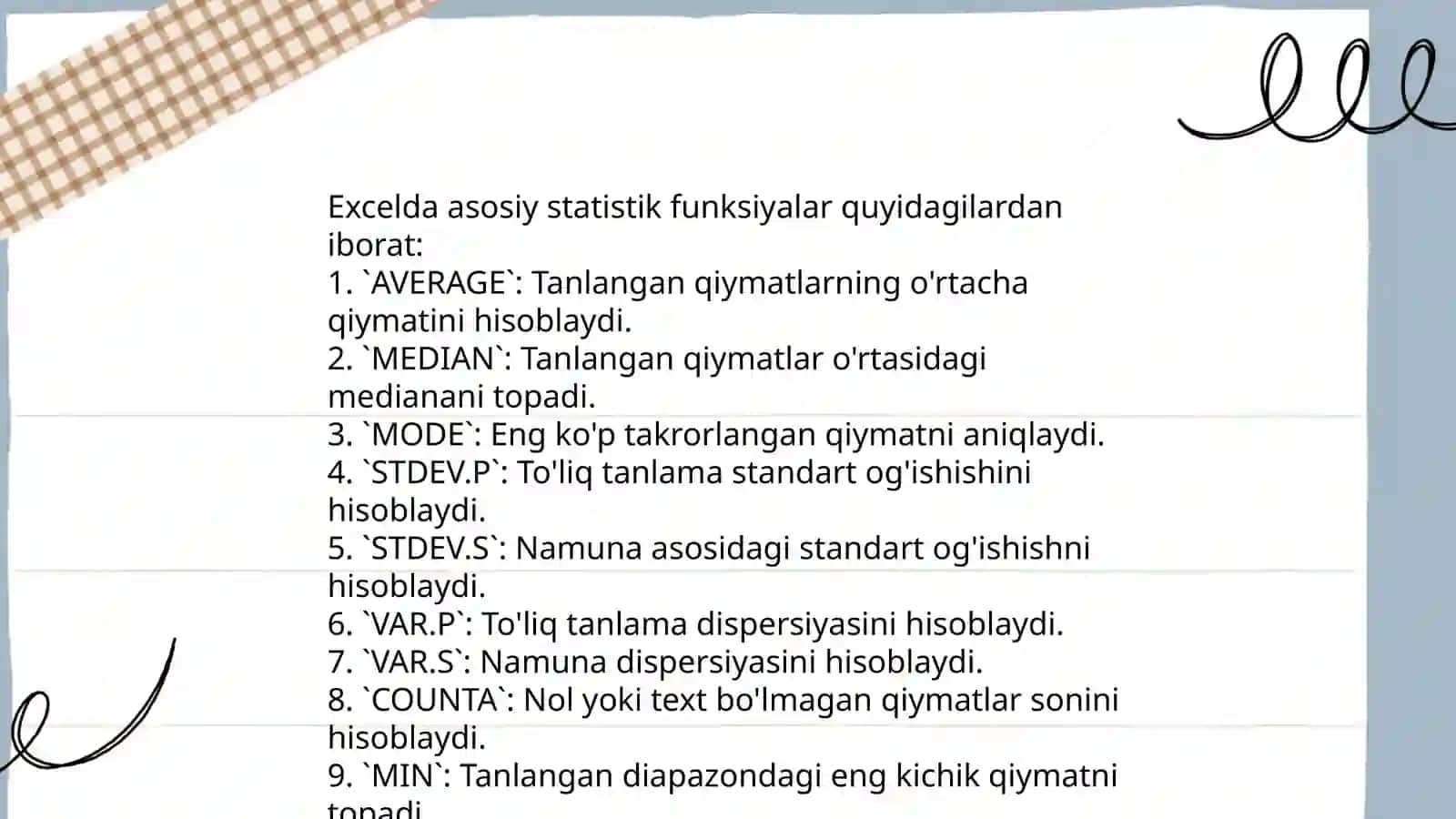 Excelda asosiy statistik va matematik funksiyalar 3