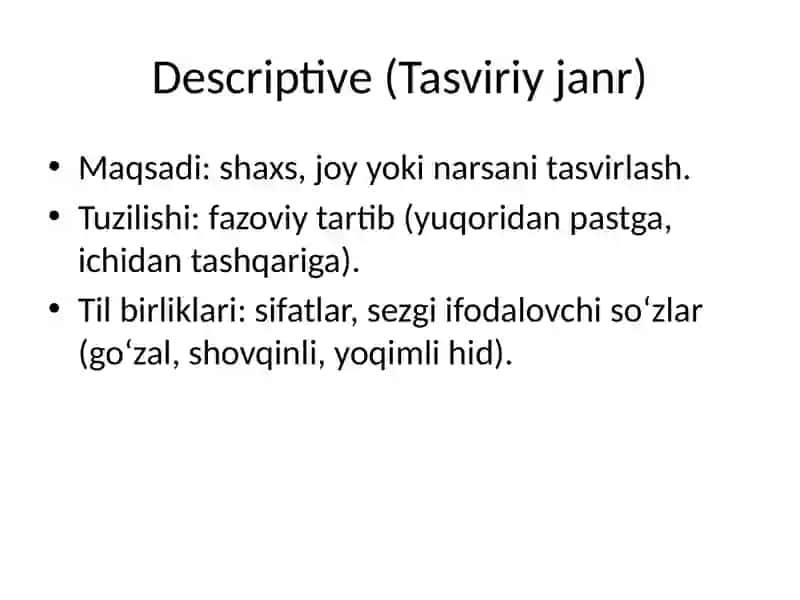 Characteristics of Different Types of Genres / Turli janrlarning xususiyatlari 3