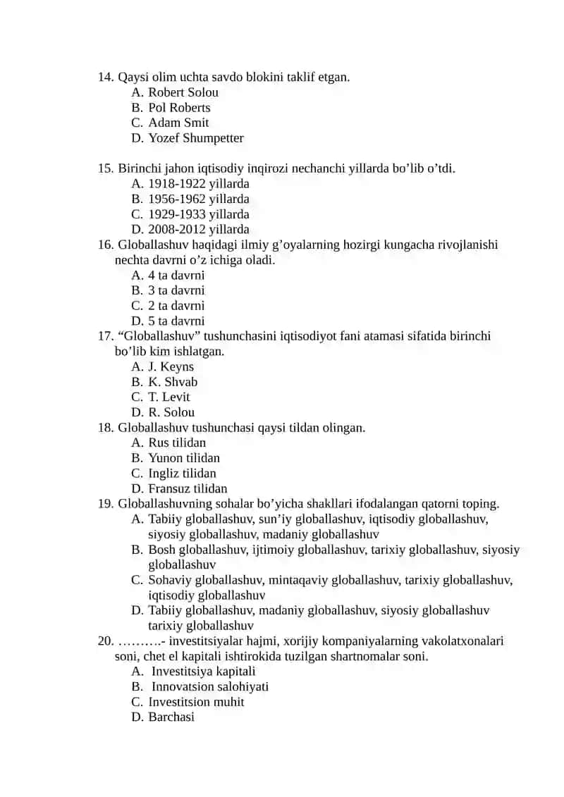Global iqtisodiy rivojlanish fanidan Yakuniy nazorat savollari 3