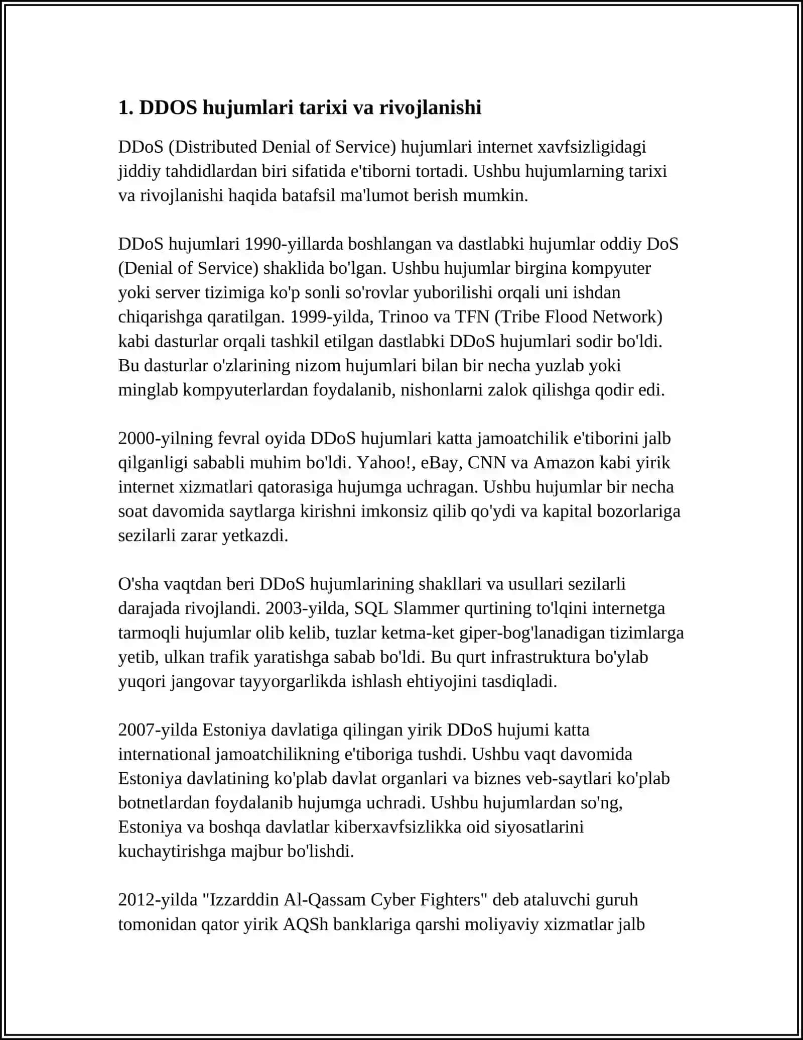 DDOS (DISTRIBUTED DENIAL OF SERVICE) HUJUMLARI VA ULARGA QARSHI HIMOYA USULLARI 3