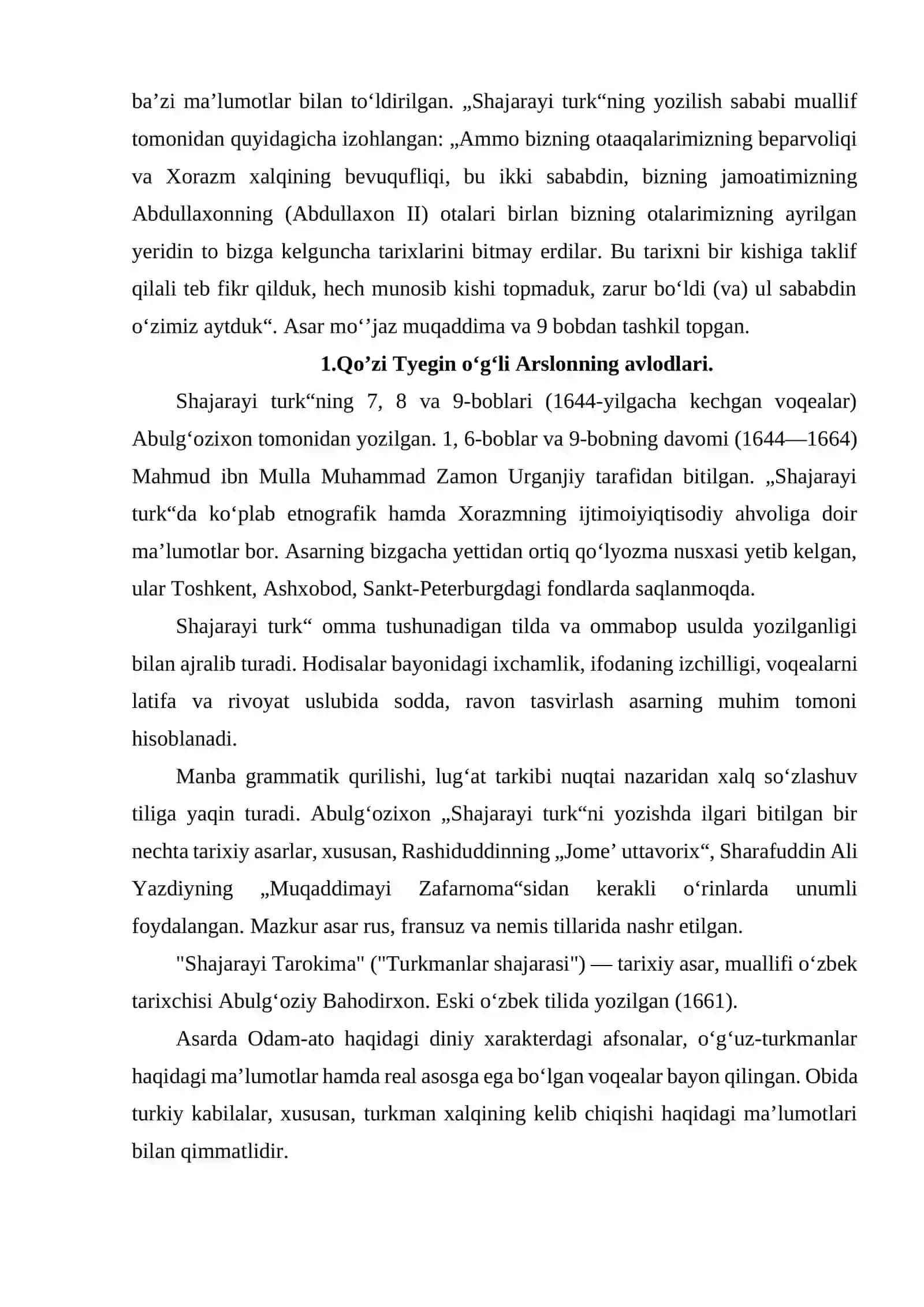 SHAJARAYI TURK DAGI QO'ZI TYEGIN O'G'LI ARSLONNING XON BO'LGANINING ZIKRI BOBI TAHLILI 3