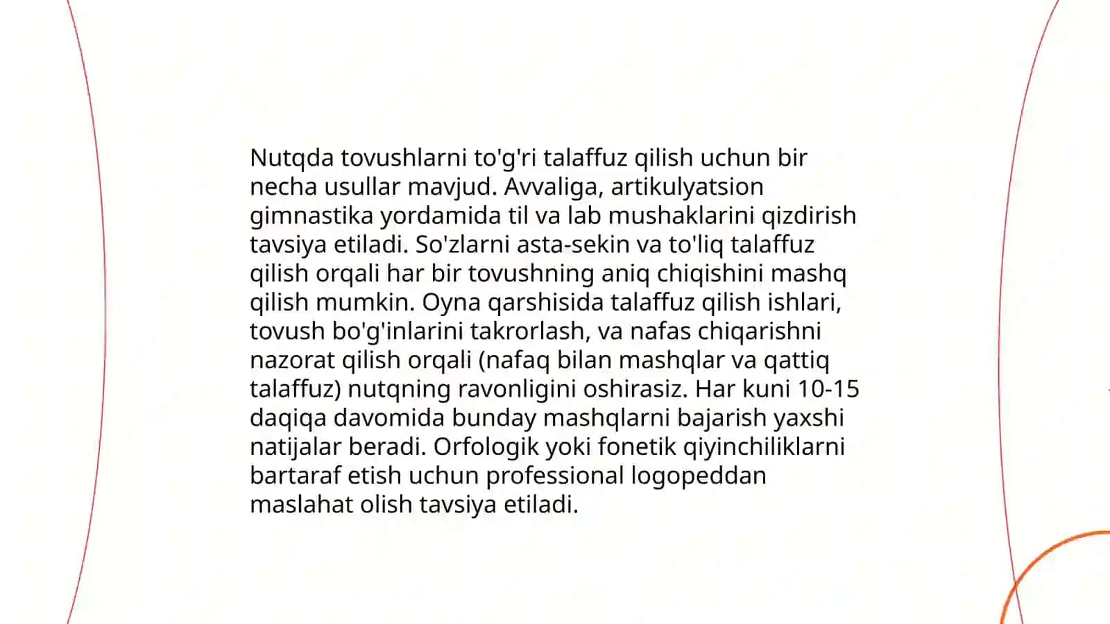 Tovushlarning to'g'ri talaffuzi yuzasidan olib boriladigan ishlar mazmuni. Nutq, o'qish va savodga o'rgatish usullari 3