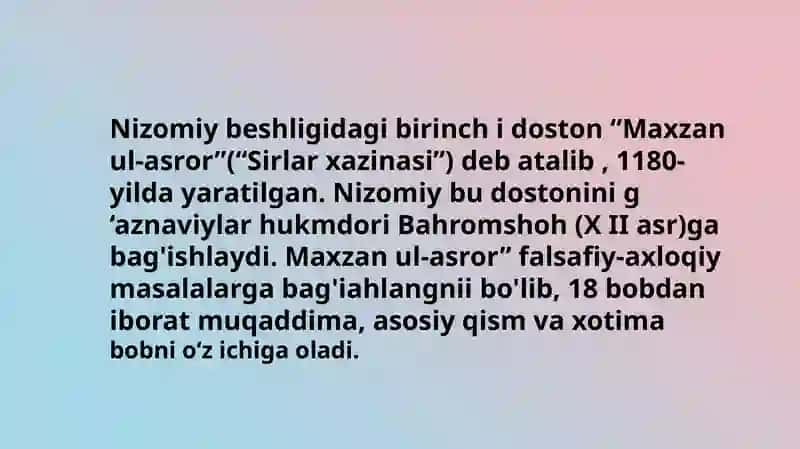 Xamsanavislik. Nizomiy Ganjaviy 3