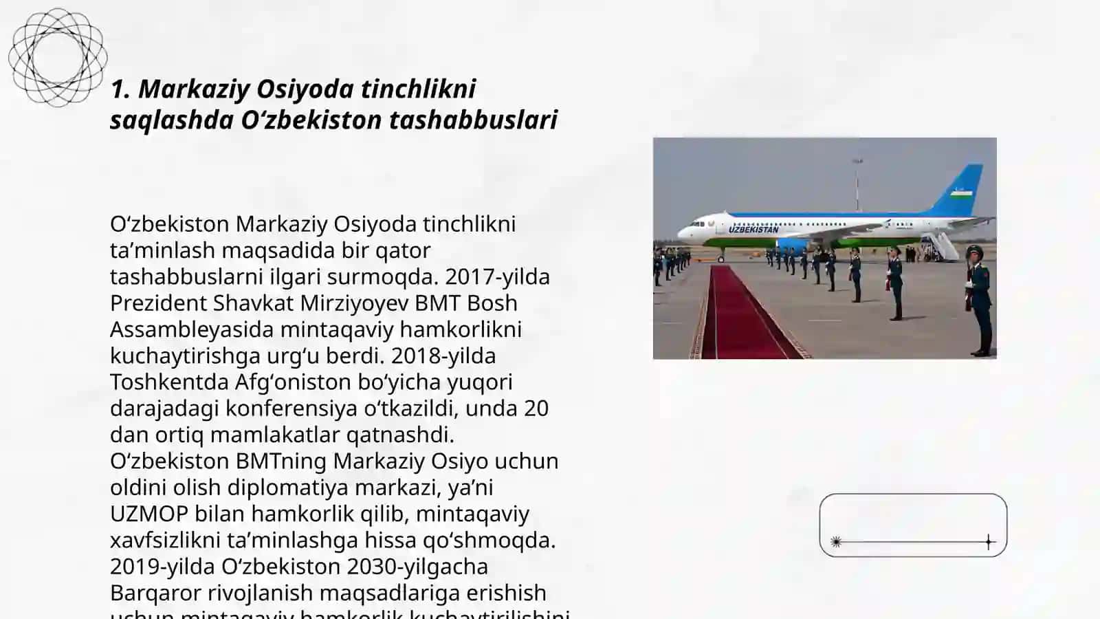 Oʻzbekistonning Markaziy Osiyoda tinchlik va barqarorlikni taʼminlashdagi oʻrni 3