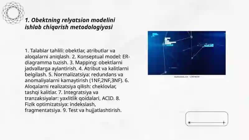 Obektning relyatsion, iyerarxik va semantik modellari asosida ishlab chiqarish va bir biridan taqqoslash 3
