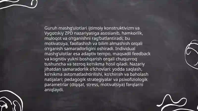 Guruh va individual mashg‘ulotlarning pedagogik samaradorligiva psixofiziologik ta’sir jihatidan farqlari qanday ifodalanadi 3