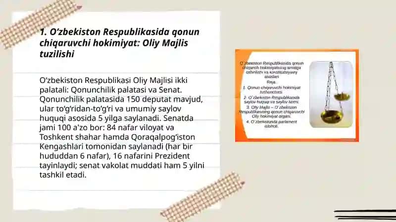 O‘zbekiston respublikasida hokimiyatlar tizimi (qonun chiqaruvchi, ijro etuvchi va sud hokimiyati) 3