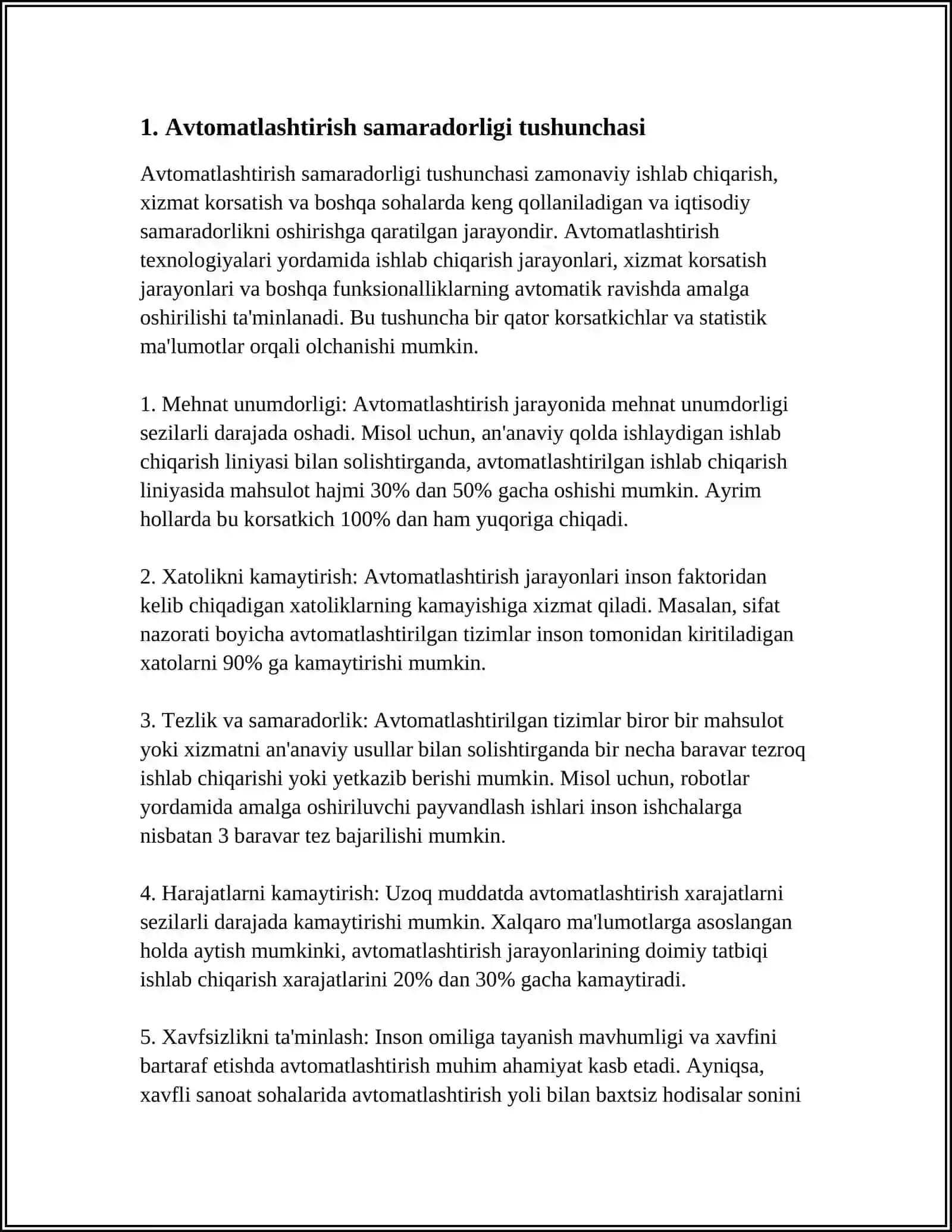 AVTOMATLASHTIRISH SAMARADORLIGINING ASOSIY KOʻRSATKICHLARI VA ULARNI HISOBLASH 3