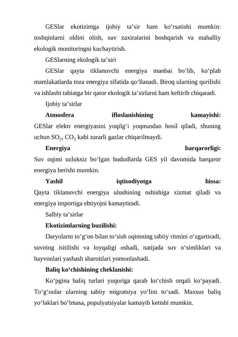 GESLARNING DARYO EKOTIZIMIGA VA BIOXILMA-XILLIKKA (XUSUSAN, BALIQLAR MIGRATSIYASIGA) TA’SIRINI BAHOLASH VA YUMSHATISH CHORALARI 3