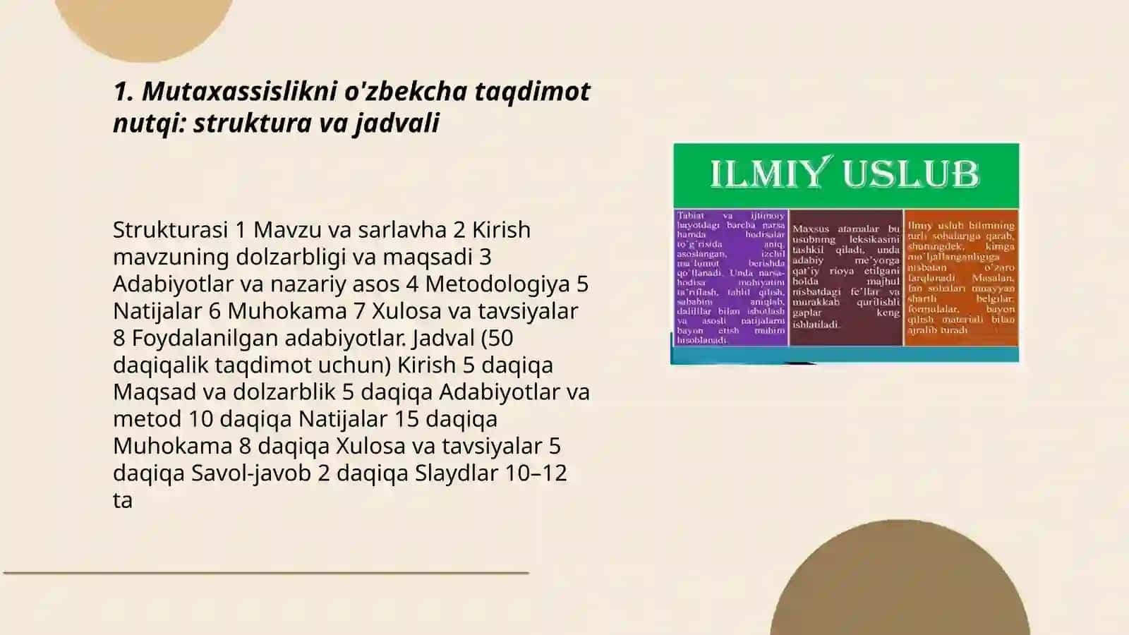 Mutaxassislikni o'zbekcha taqdimot nutqi: struktura va jadvali 3