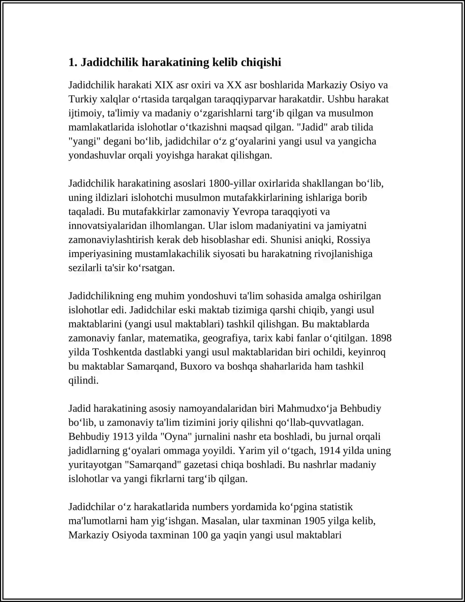 JADID MAʼRIFATPARVARLARINING OʻLKA IJTIMOIY-MA'NAVIY HAYOTDA TUTGAN OʻRNI(MUNAVVAR QORI FITRAT BEHBUDIY AVLONIY VA BOSHQALAR 3