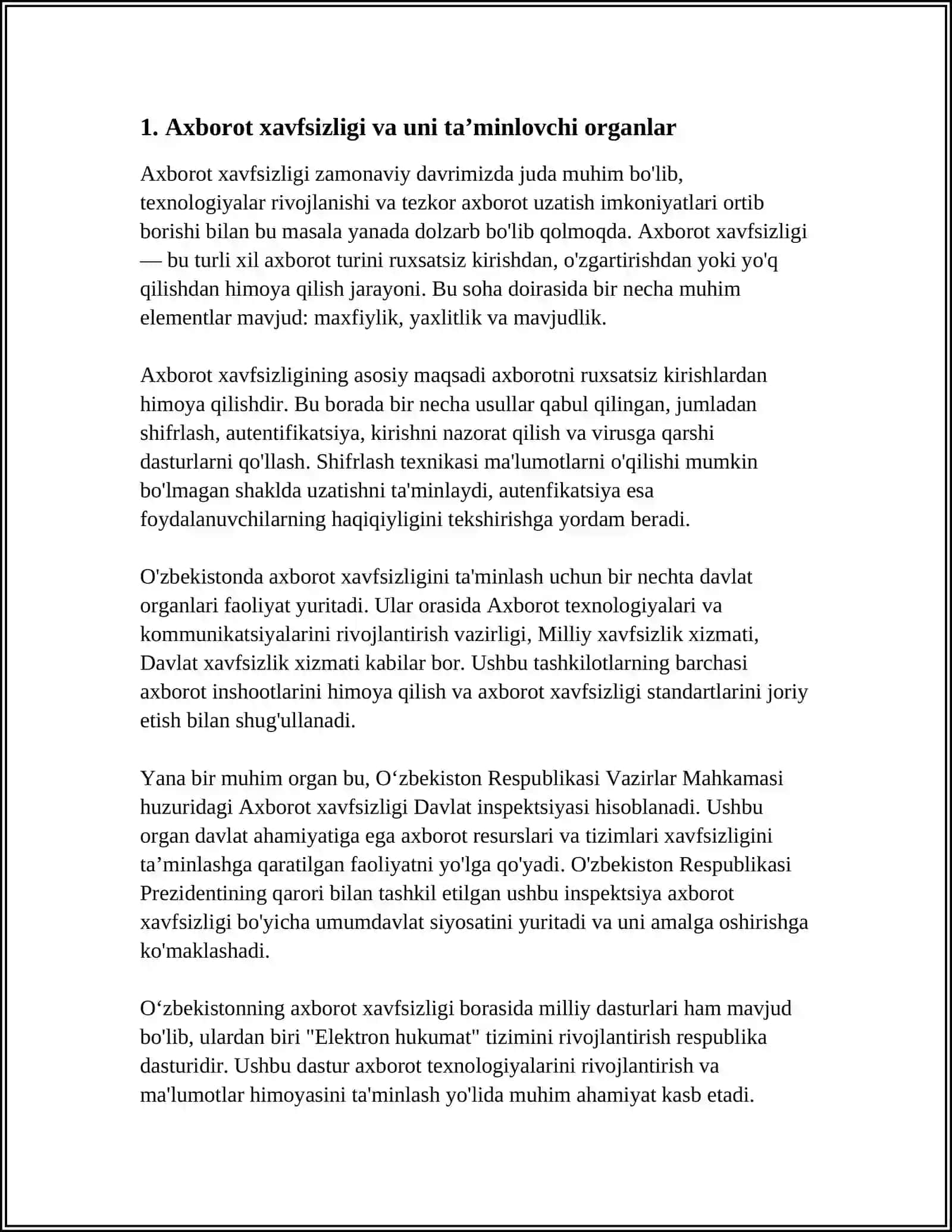 MUSTAQIL ISH Mavzu: AXBOROT XAVFSIZLIGINI TAʼMINLOVCHI ORGANLAR 3