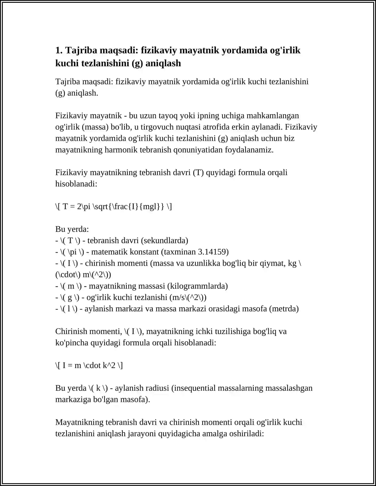 FIZIKAVIY MAYATNIK YORDAMIDA OG'IRLIK KUCHI TEZLANISHINI ANIQLASH MUSTAQIL ISH 3