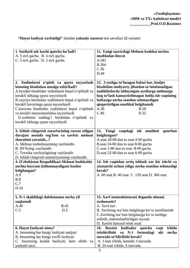 "Hayot faoliyat xavfsizligi" fanidan yakuniy nazorat test savollari 3