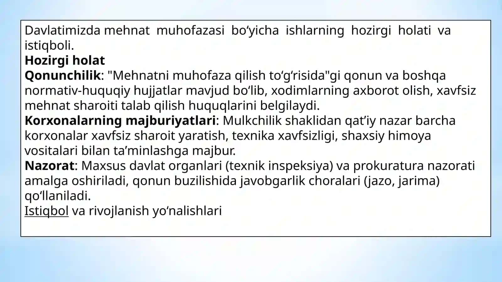 O‘zbekiston Respubliksidamehnatmuhofazasiishlarininghozirgiholativaistiqboli 3