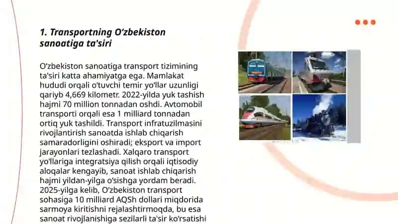 Transportning O‘zbekiston sanoatidagi o‘rni 3