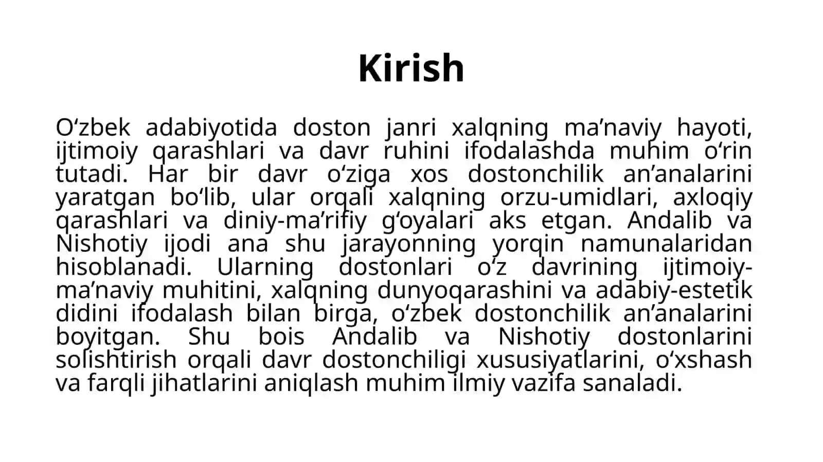 Andalib va Nishotiy dostonlari misolida davr dostonchiligi borasida mulohaza yuritish. O'xshash va farqli tomonlarini topish. 3